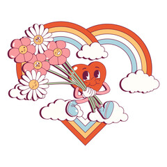 Groovy lovely isolated hearts stickers cupid rainbow. Love concept. Happy Valentines day. Funky happy heart character in trendy retro 60s 70s cartoon style. Vector illustration in pink red colors.