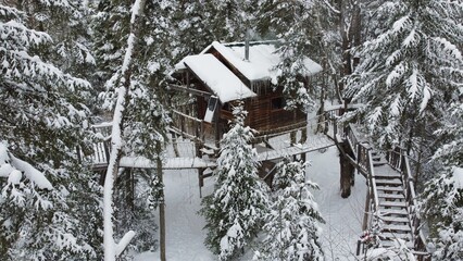 Bird eye view of tree house in forest, winter escape in Quebec, Canada	