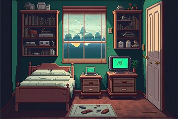 Pixel art bedroom with antique decor, bed, chest of drawers, wardrobe, background in retro style for 8 bit game, Generative AI