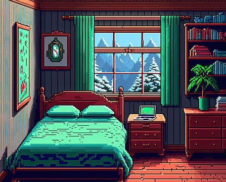 Pixel art bedroom with antique decor, bed, chest of drawers, wardrobe, background in retro style for 8 bit game, Generative AI