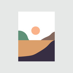 set of creative minimalist hand painted illustrations of Mid century modern. Natural abstract landscape background. mountain, forest, sea, sky, sun and river