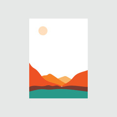 Naklejka na ściany i meble set of creative minimalist hand painted illustrations of Mid century modern. Natural abstract landscape background. mountain, forest, sea, sky, sun and river