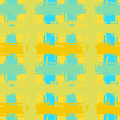Yellow and Blue Hand Drawn Dry Brush Grid Seamless Pattern.