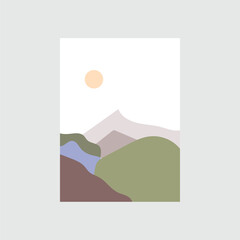 Naklejka na ściany i meble set of creative minimalist hand painted illustrations of Mid century modern. Natural abstract landscape background. mountain, forest, sea, sky, sun and river