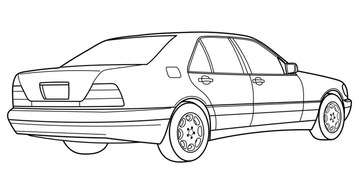 Classic luxury sedan car. Rear and Side 3d view shot. Outline doodle vector illustration. Design for print, coloring book
