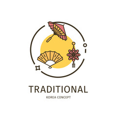 Korea Travel and Tourism Thin Line Icon Traditional Concept Include of Hand Fan, Umbrella and Amulet. Vector illustration