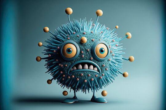 ai generated fantasy illustration of blue virus character with sad face