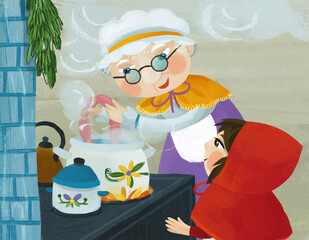 cartoon grandmother and granddaughter in kitchen