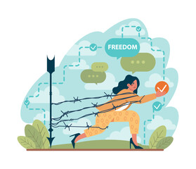 Freedom concept. Person flying free out of cage, without chains