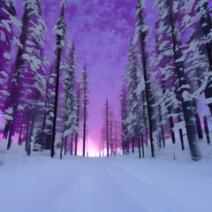 Snowy winter forest, snowy trees, a snowy aisle, purple Haze sky, shining stars, starry, beautiful, scene, 