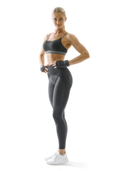 Smiling Fitness woman in sportswear. Transparent PNG Isolated Full length portrait of  sportswoman. 
