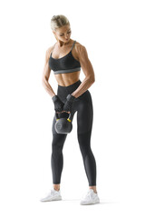 Sportswoman in sportswear, gloves, black top and leggings trains arm muscles. Transparent PNG...