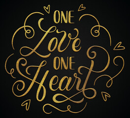 Fototapeta na wymiar one love one heart golden calligraphy design valentine's day banner
