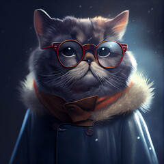 chic cat charisma wearing coat, wearing sunglasses, funny, fashion, pic as wallpaper, poster, t shirt and others
