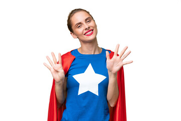 Super Hero caucasian woman over isolated background counting nine with fingers