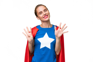 Super Hero caucasian woman over isolated background counting nine with fingers