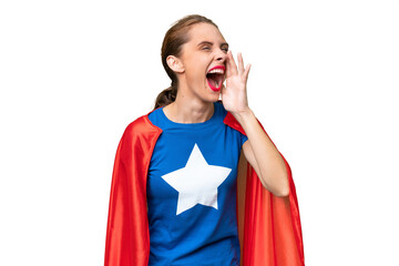 Super Hero caucasian woman over isolated background shouting with mouth wide open to the lateral