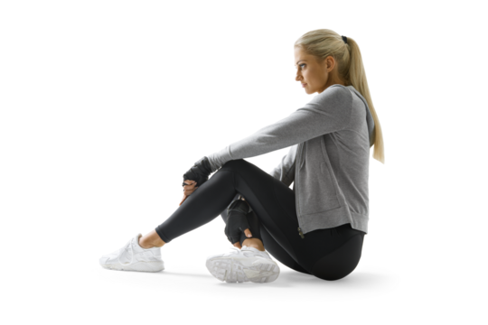Fitness woman, Sportswoman in sportswear sitting and resting after training