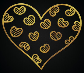 Golden Heart doodle icon. Love, valentines day, wedding sign, decorative golden ornate pattern. Hand drawn graphic design shape.