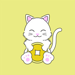 Cute cat holding Chinese gold coin. Logo or t shirt design template