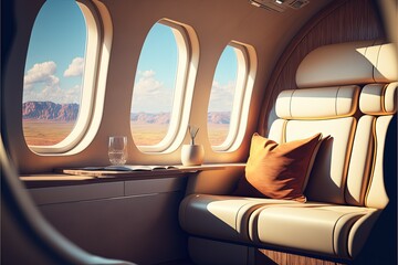 Interior of luxurious private jet with leather seats. Generative Ai - obrazy, fototapety, plakaty