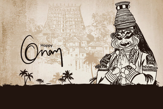 Happy onam vector illustration kerala kathakali hand drawing art