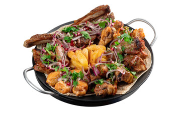 Assorted grilled meat with herbs and potatoes on a large plate. Pieces of a mix of fried meat from chicken, beef, pork and lamb, isolated on white