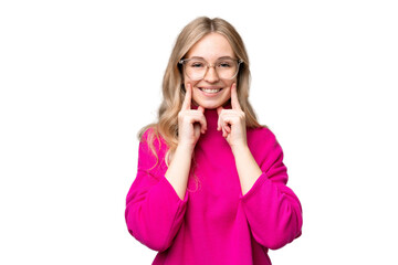 Young English woman over isolated background smiling with a happy and pleasant expression