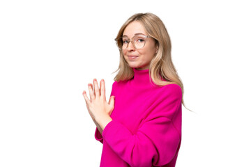 Young English woman over isolated background scheming something