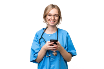 Young nurse English woman over isolated background sending a message with the mobile