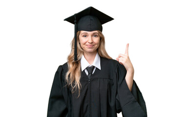 Young university English graduate woman over isolated background pointing with the index finger a...