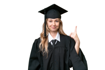 Young university English graduate woman over isolated background pointing with the index finger a great idea
