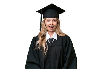 Young university English graduate woman over isolated background with surprise facial expression