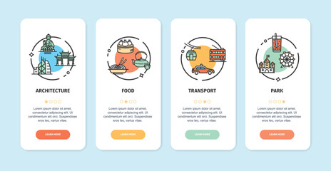 Hong Kong Travel and Tourism App Screens Cards Set Include of Park, Transport, Food and Architecture. Vector illustration of Card