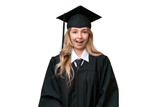 Young university English graduate woman over isolated background with surprise facial expression