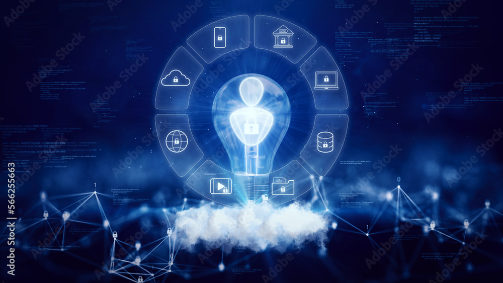 Poster concept of cybersecurity protection technology on the internet. User icon in light bulb Surrounded by icons for various applications. Above the polygons and binary code on a dark blue background.