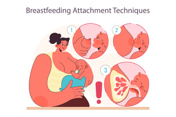 Breast attachment technique. Mother holding and breastfeeding her little