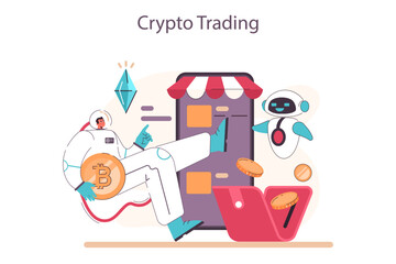 Passive income in the internet. Character making money on crypto trading.