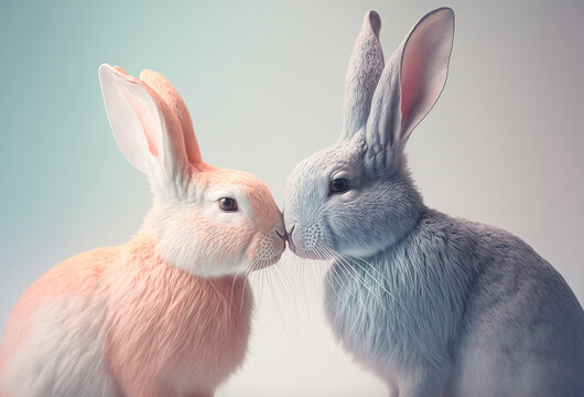 Cute bunny rabbits kissing. Easter and valentines day concept. Generative ai