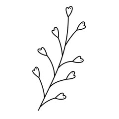 Branch doodle abstract with hearts. Hand drawn outline vector illustration.
