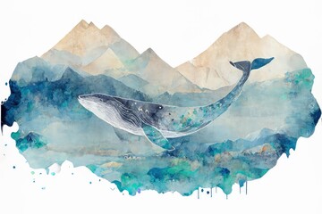 Blue whale, sea and mountains. Watercolor art background. Generative AI