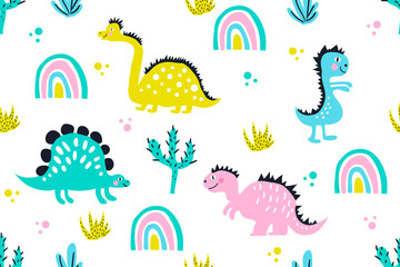 Childish seamless pattern with hand drawn dinosaurs and rainbows. Creative vector childish background for fabric, textile, nursery wallpaper. Vector Illustration.