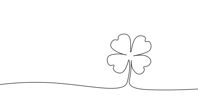One line continuous lucky four leaves clover symbol concept. Silhouette of St Patrick's Day good luck tradition. Digital white single line sketch drawing vector illustration
