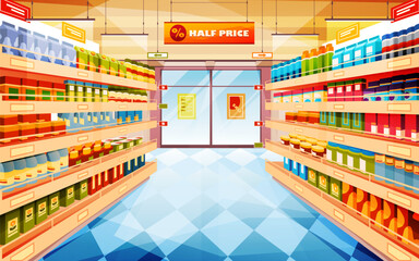 Supermarket, shop, store indoor view,Vector image - obrazy, fototapety, plakaty