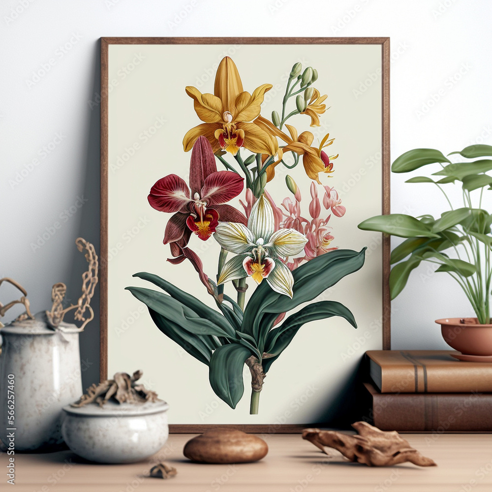 Wall mural Home decor: objects still life and a framed botanical print with wild orchids, made with generative AI