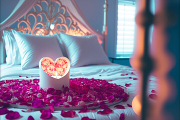 Obraz na płótnie Canvas Romantic bed with candles and rose petals