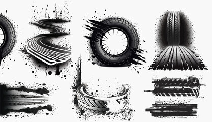 Marks and dirt. Drag racing, drift, ралли, мотокросс, off-road and other. Car tires print, grunge off road wheels marks. Bike or truck wheel protector trails. Vector illustration © ZinetroN