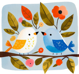 Cute Love Birds Illustration Created by Generative AI Technology