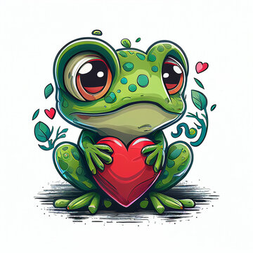 Little cute green frog holding a big red heart at Valentines Day