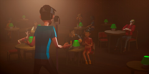 People playing as avatars watching live comedian performing stand-up monologue on a stage VR comedy club in metaverse